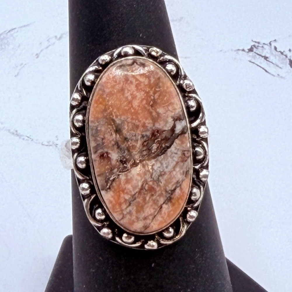 Silver Tone Natural Stone Statement‎ Ring Oval Boho Size 7